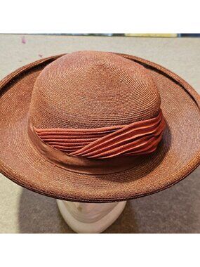 (H0007) Burnt Orange Boaters Hat Vintage Womens Summer Wide Brim Union